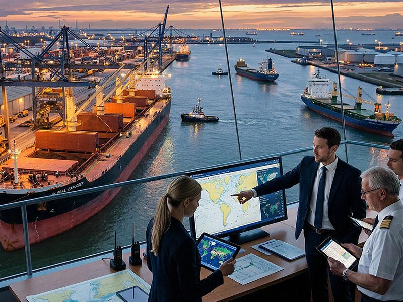 Maritime operations team overlooking a port